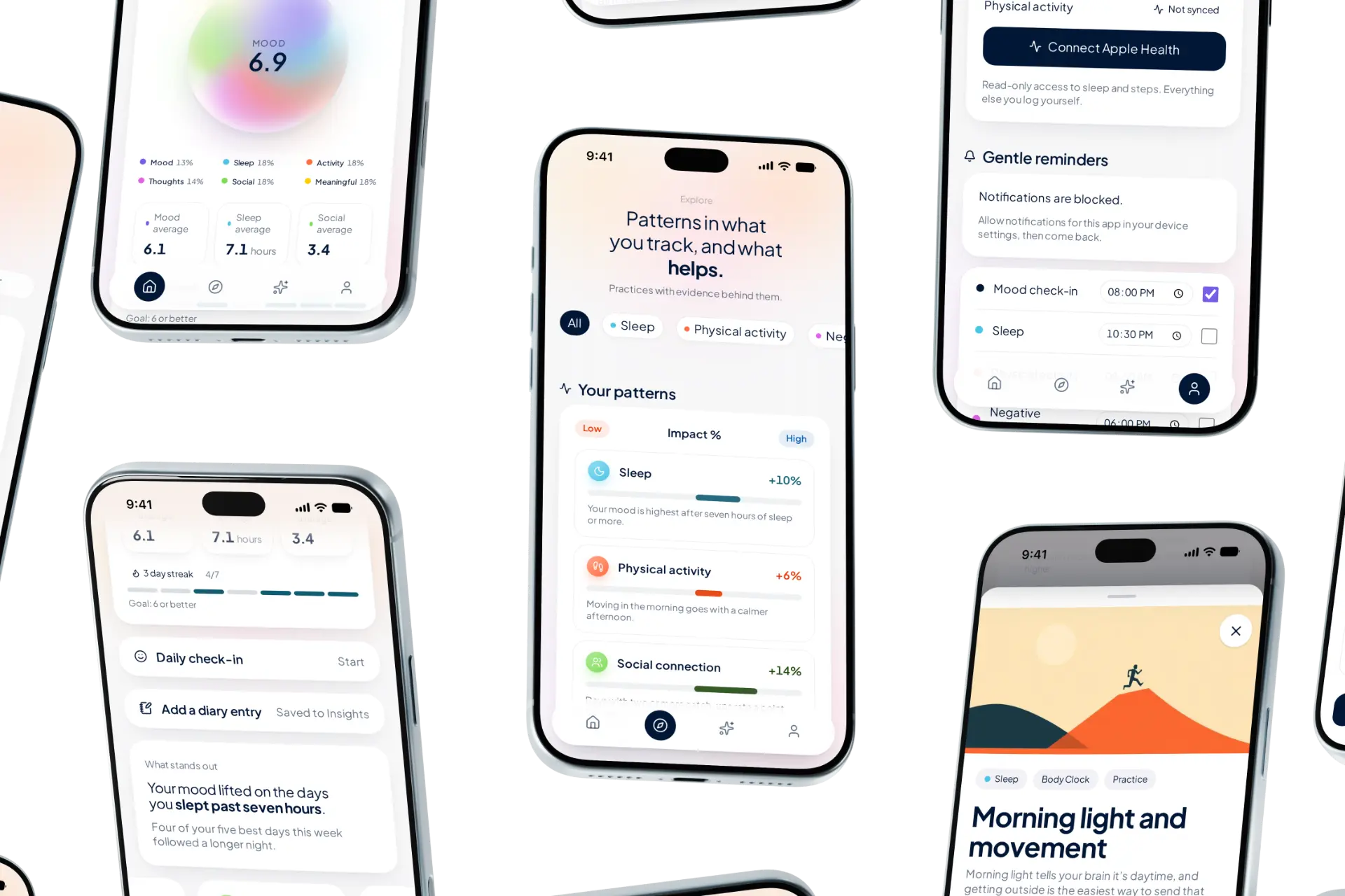 Minding Your Mind app screens showing mood tracking, patterns, reminders and wellbeing strategies